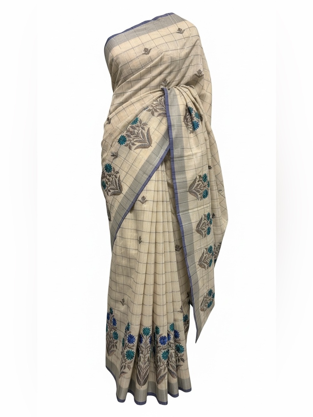 Embroidered Cream Sari with Blue & Teal Floral Border